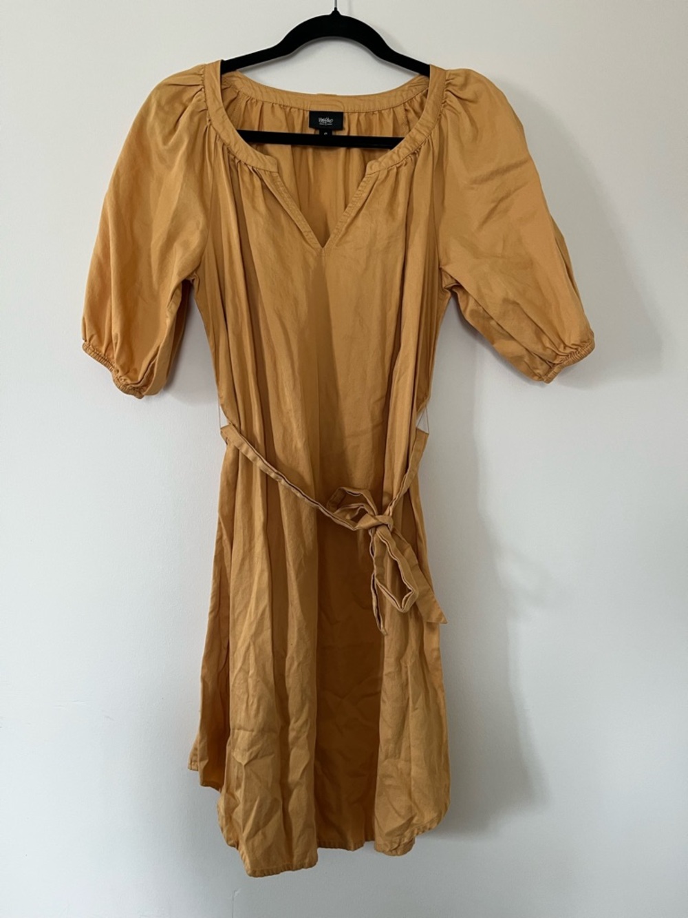 Mustard Yellow Cottagecore Peasant Mini Dress Small Puff Sleeve Tie Waist Cotton